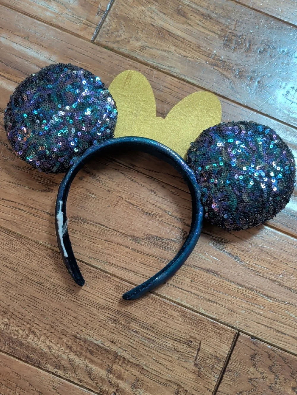 Disney 50th Anniversary Sequin Minnie Ear Headband with Gold Jeweled Bow